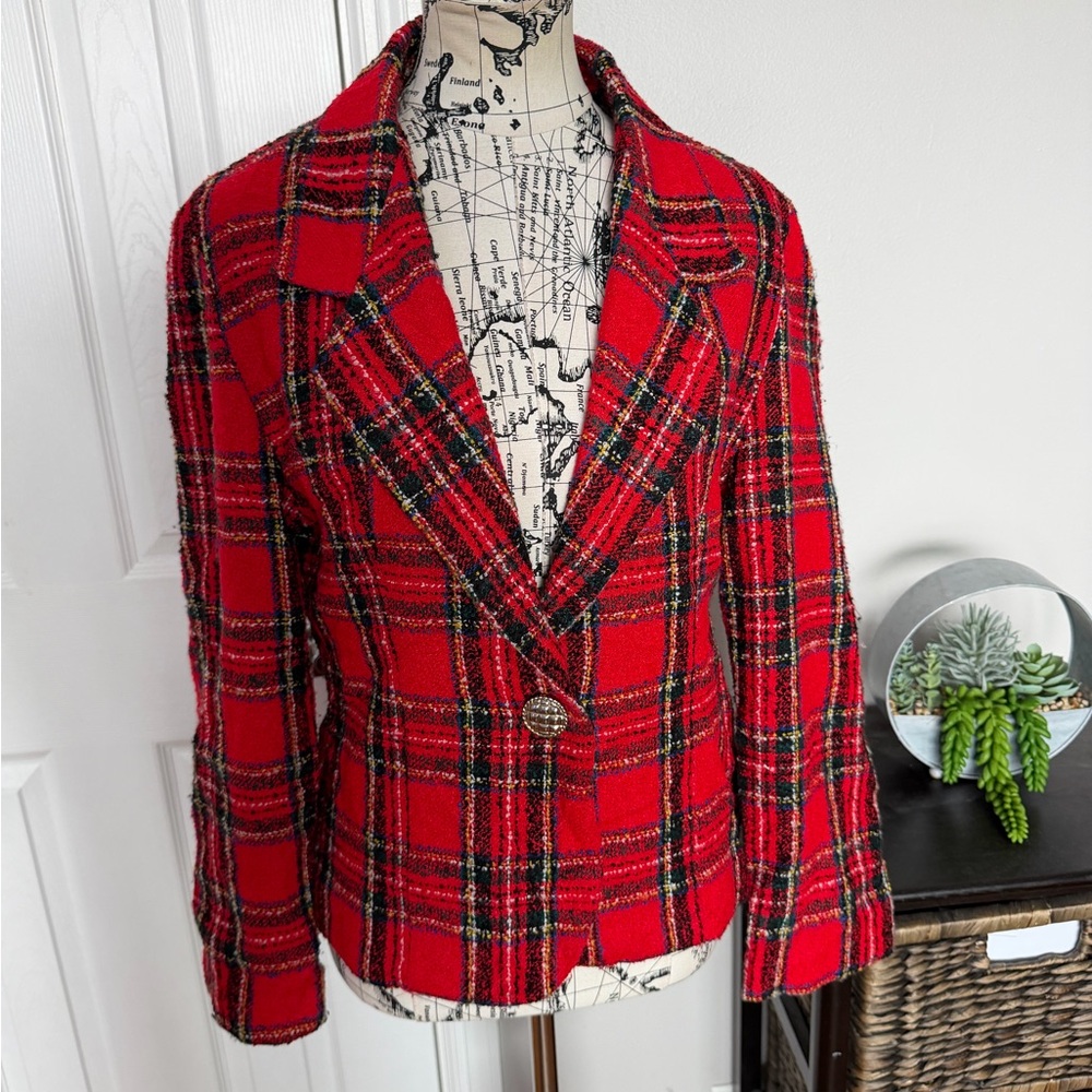 TR Bentley Wool Tartan Vintage 1-Button Plaid texture tweed Blazer tailored11-12